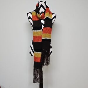 Elizabeth Gillett NYC Stripe Brown Orange & Mustard Rib Knit Scarf W Long Fringe